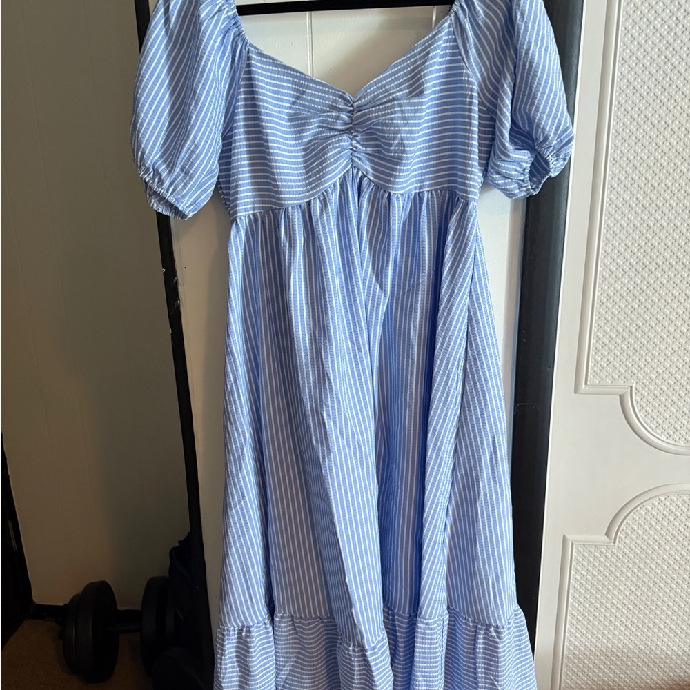 Baltic Born Light Blue and White Striped Puff Sleeve Midi Dress